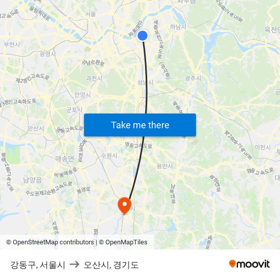 강동구, 서울시 to 오산시, 경기도 map