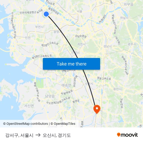 강서구, 서울시 to 오산시, 경기도 map