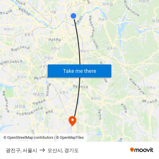 광진구, 서울시 to 오산시, 경기도 map