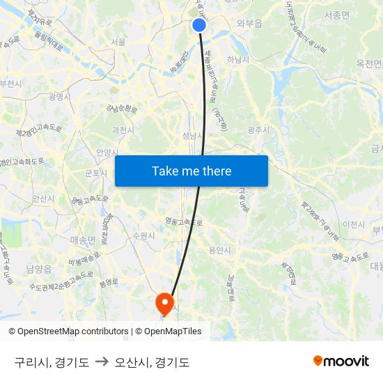 구리시, 경기도 to 오산시, 경기도 map