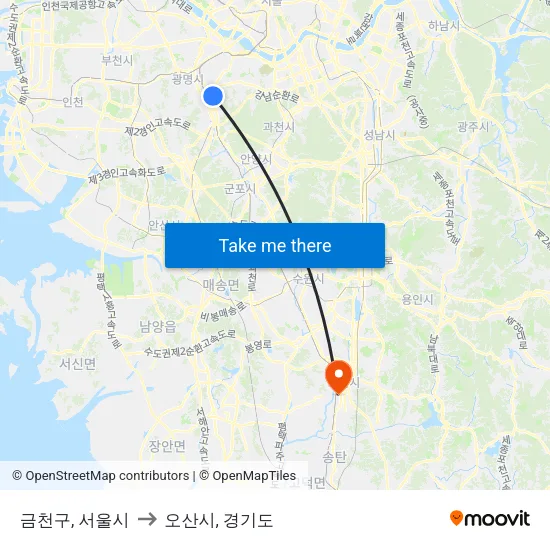 금천구, 서울시 to 오산시, 경기도 map
