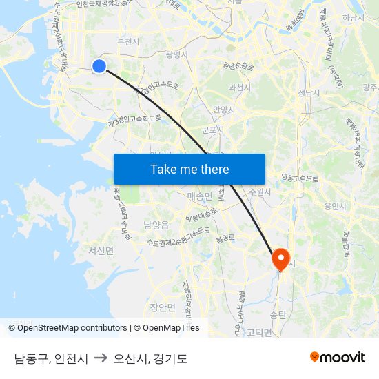 남동구, 인천시 to 오산시, 경기도 map