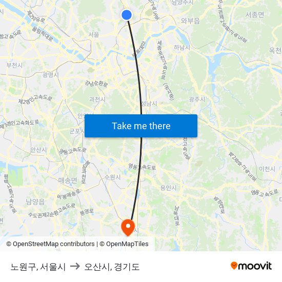 노원구, 서울시 to 오산시, 경기도 map