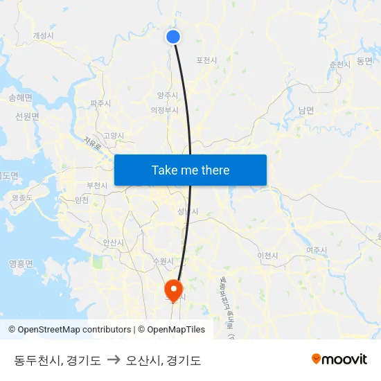동두천시, 경기도 to 오산시, 경기도 map