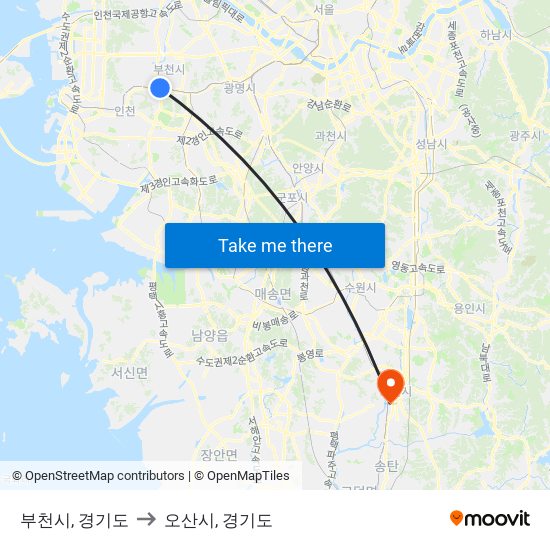 부천시, 경기도 to 오산시, 경기도 map