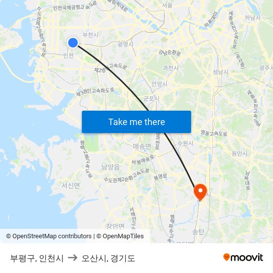 부평구, 인천시 to 오산시, 경기도 map