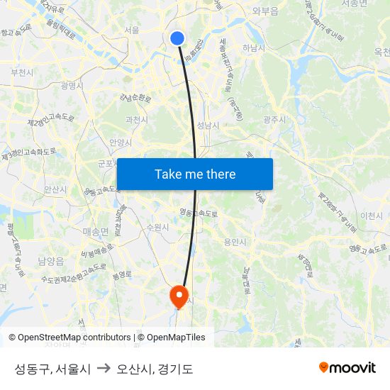 성동구, 서울시 to 오산시, 경기도 map
