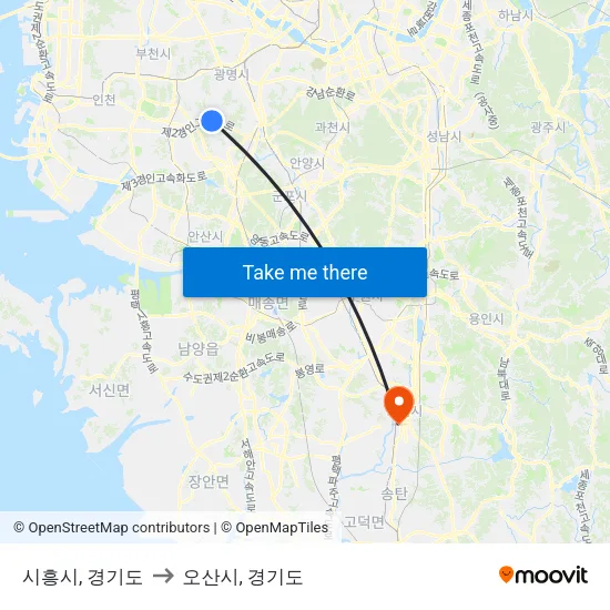 시흥시, 경기도 to 오산시, 경기도 map