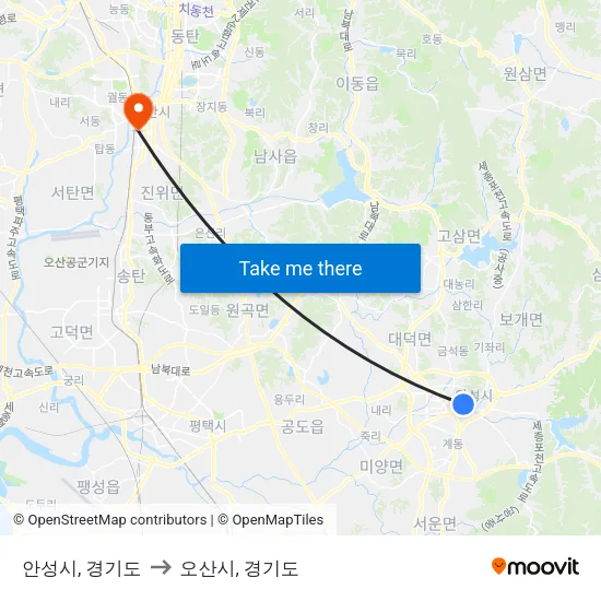 안성시, 경기도 to 오산시, 경기도 map