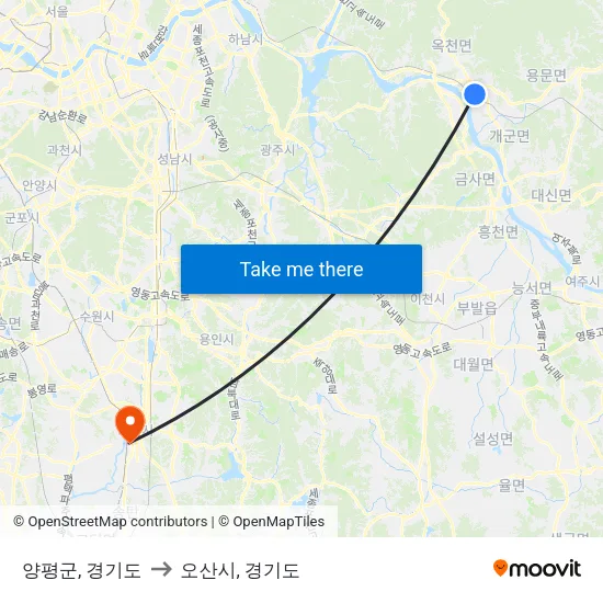 양평군, 경기도 to 오산시, 경기도 map