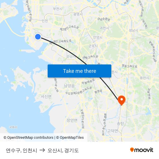 연수구, 인천시 to 오산시, 경기도 map