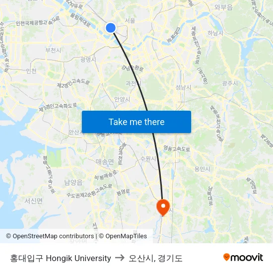 홍대입구 Hongik University to 오산시, 경기도 map