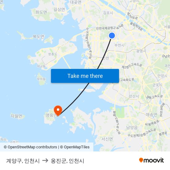 계양구, 인천시 to 옹진군, 인천시 map