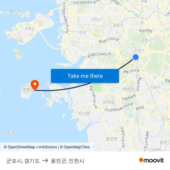 군포시, 경기도 to 옹진군, 인천시 map