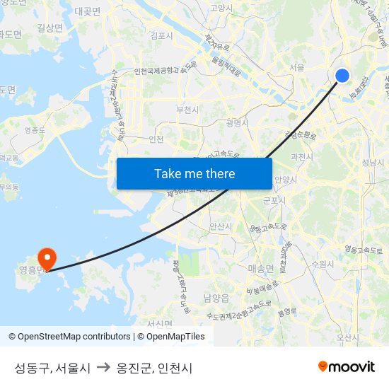 성동구, 서울시 to 옹진군, 인천시 map