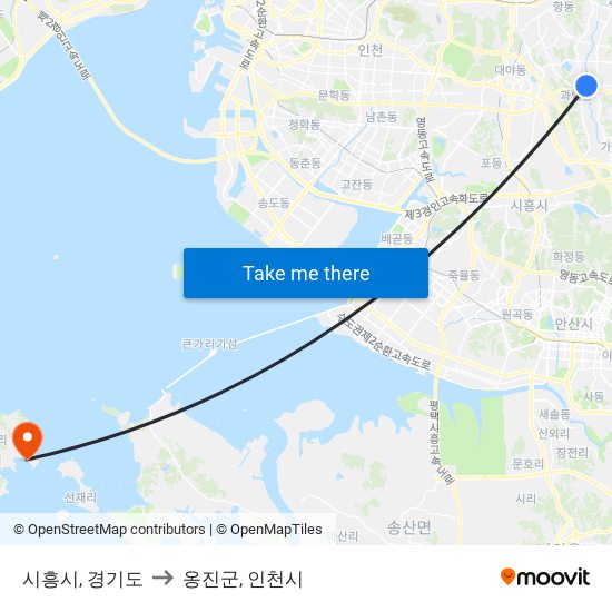 시흥시, 경기도 to 옹진군, 인천시 map