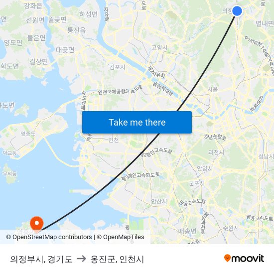 의정부시, 경기도 to 옹진군, 인천시 map