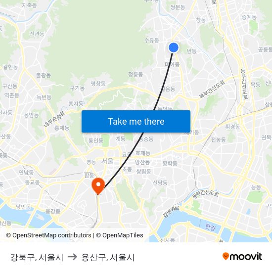 강북구, 서울시 to 용산구, 서울시 map