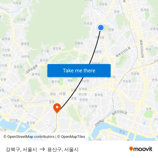 강북구, 서울시 to 용산구, 서울시 map