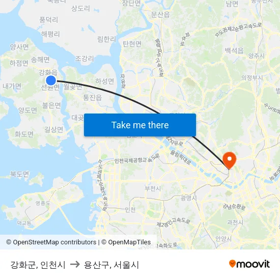 강화군, 인천시 to 용산구, 서울시 map