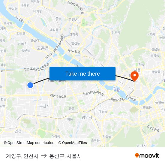 계양구, 인천시 to 용산구, 서울시 map