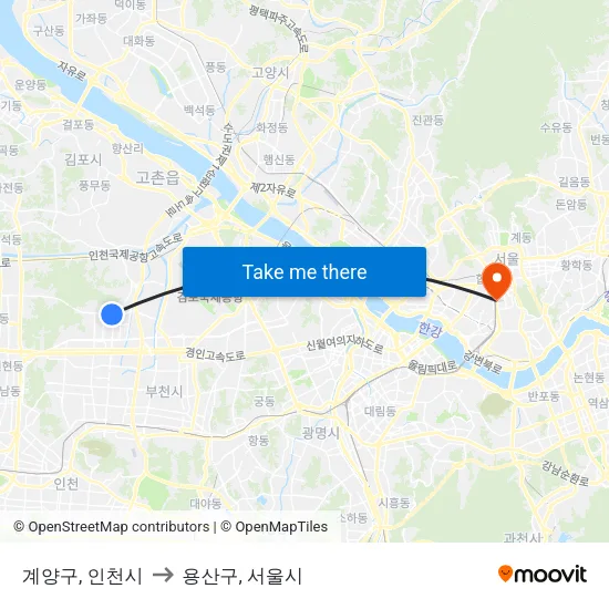 계양구, 인천시 to 용산구, 서울시 map