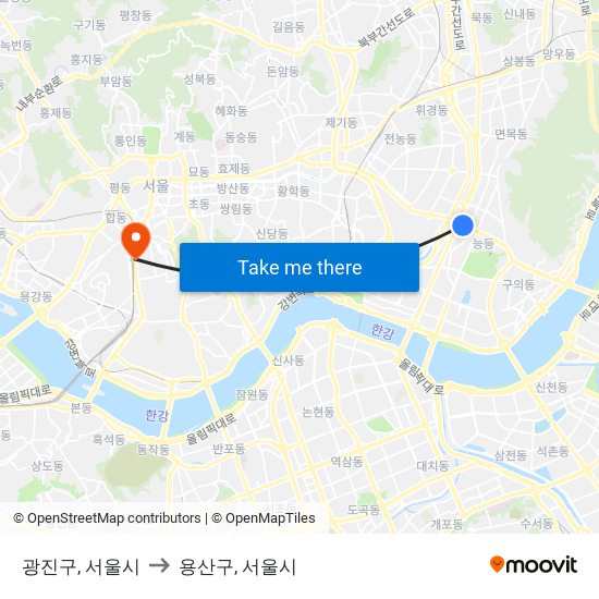 광진구, 서울시 to 용산구, 서울시 map