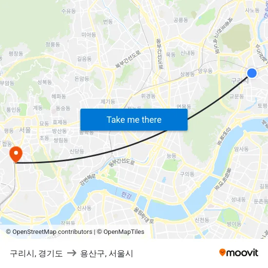 구리시, 경기도 to 용산구, 서울시 map