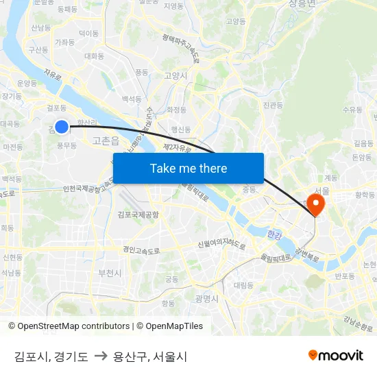 김포시, 경기도 to 용산구, 서울시 map