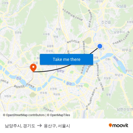 남양주시, 경기도 to 용산구, 서울시 map