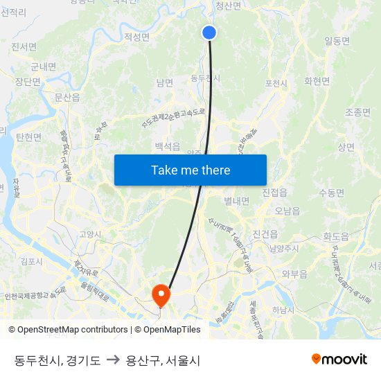 동두천시, 경기도 to 용산구, 서울시 map