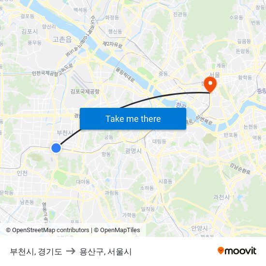 부천시, 경기도 to 용산구, 서울시 map