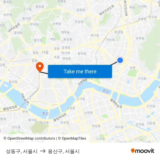 성동구, 서울시 to 용산구, 서울시 map