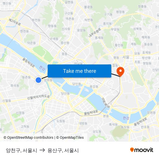 양천구, 서울시 to 용산구, 서울시 map