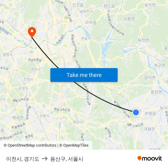 이천시, 경기도 to 용산구, 서울시 map