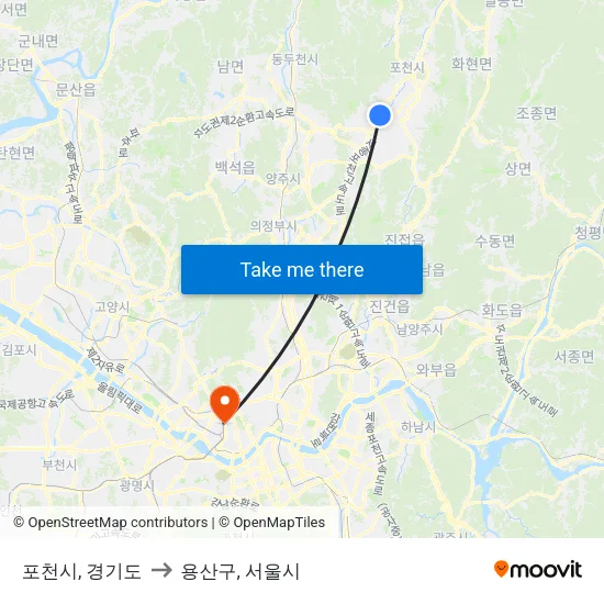 포천시, 경기도 to 용산구, 서울시 map