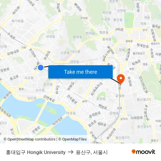 홍대입구 Hongik University to 용산구, 서울시 map