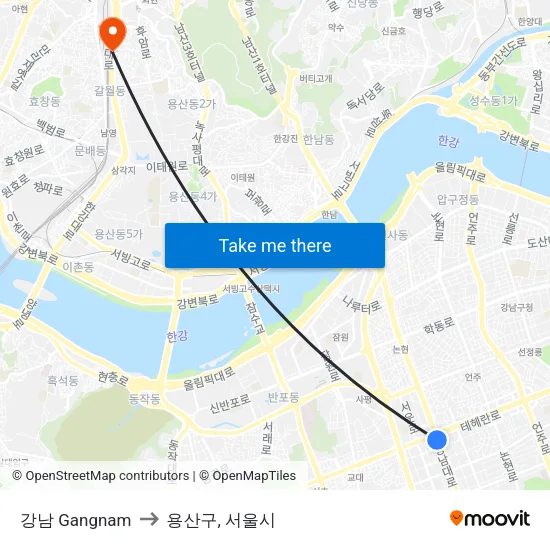 강남 Gangnam to 용산구, 서울시 map