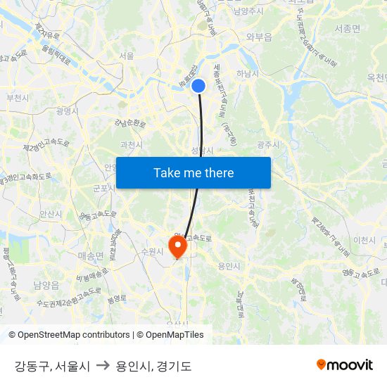 강동구, 서울시 to 용인시, 경기도 map