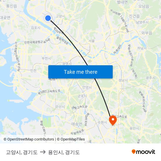 고양시, 경기도 to 용인시, 경기도 map