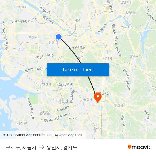 구로구, 서울시 to 용인시, 경기도 map