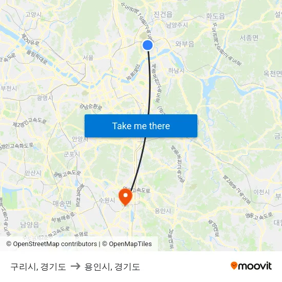 구리시, 경기도 to 용인시, 경기도 map