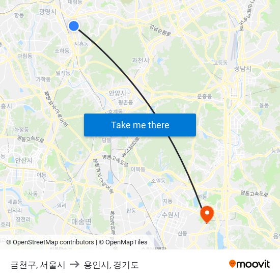 금천구, 서울시 to 용인시, 경기도 map