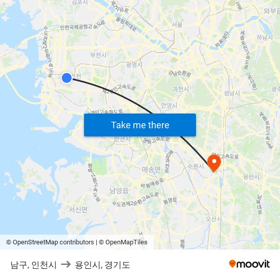 남구, 인천시 to 용인시, 경기도 map