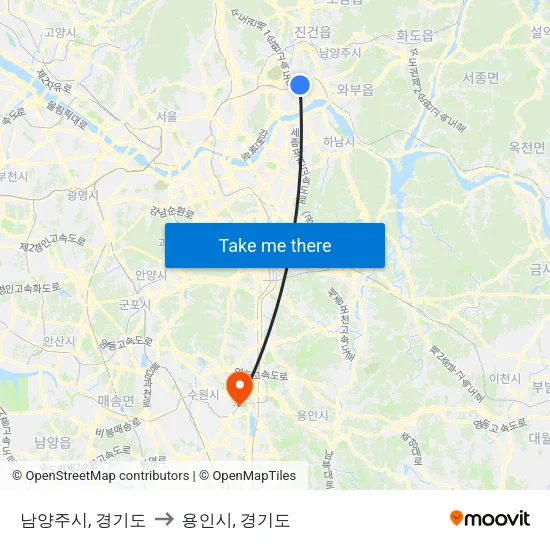남양주시, 경기도 to 용인시, 경기도 map