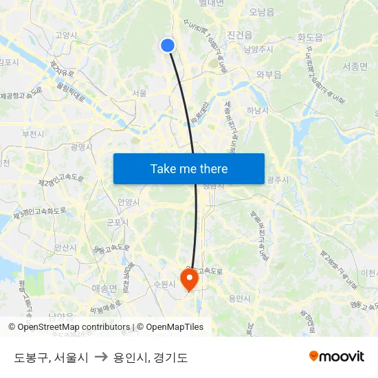 도봉구, 서울시 to 용인시, 경기도 map