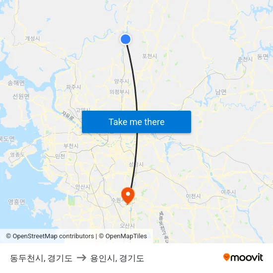 동두천시, 경기도 to 용인시, 경기도 map