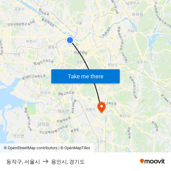 동작구, 서울시 to 용인시, 경기도 map