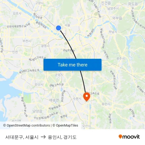 서대문구, 서울시 to 용인시, 경기도 map