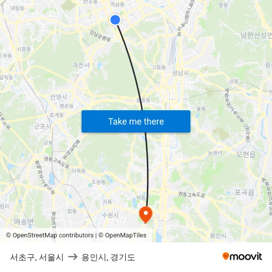 서초구, 서울시 to 용인시, 경기도 map